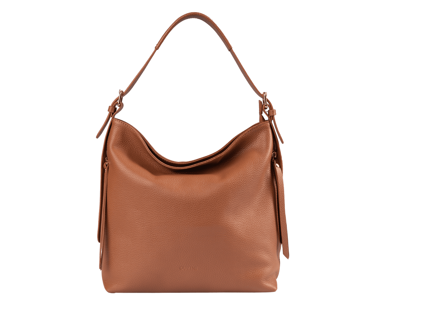 Genuine Leather Shoulder Bag | Adjustable Buckle Straps, Side & Interior Zip Pockets, Soft Slouchy Design