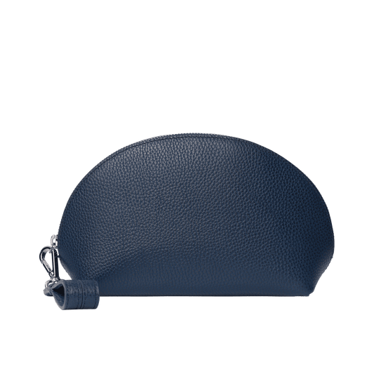 Mini Genuine Leather Pouch | Wrist Strap Design, Curved Zip Closure, Spacious Interior | Versatile Travel & Makeup Organizer